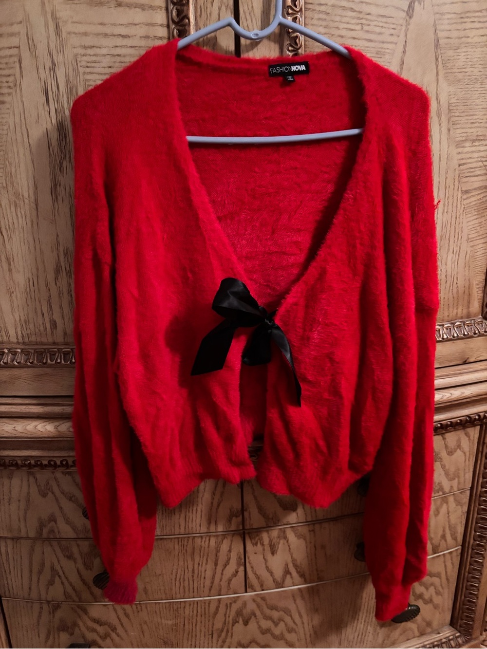 Fashion Nova Red Cardigan with Black Satin Tie